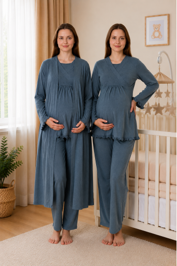 Effortt 4044 İndigo Gizli Emzirme Özellikli Sabahlıklı Lohusa Pijama Takımı